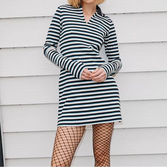 NWT! Urban Outfitters X-girl Stripe Long Sleeve Mini Dress Large Black White - Picture 1 of 9